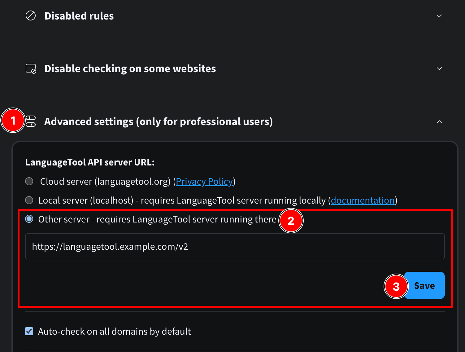 LanguageTool, Browser plugin configuration